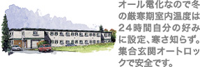 オール電化なので冬の厳寒期、室内温度は24時間自分の好みに設定、寒さ知らず。集合玄関オートロックで安全です。